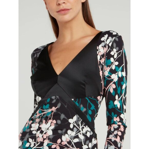 NWT roberto cavalli Dress Leaf Botanical Print Knit V-neck Black Green Pink US 6 - Picture 4 of 16